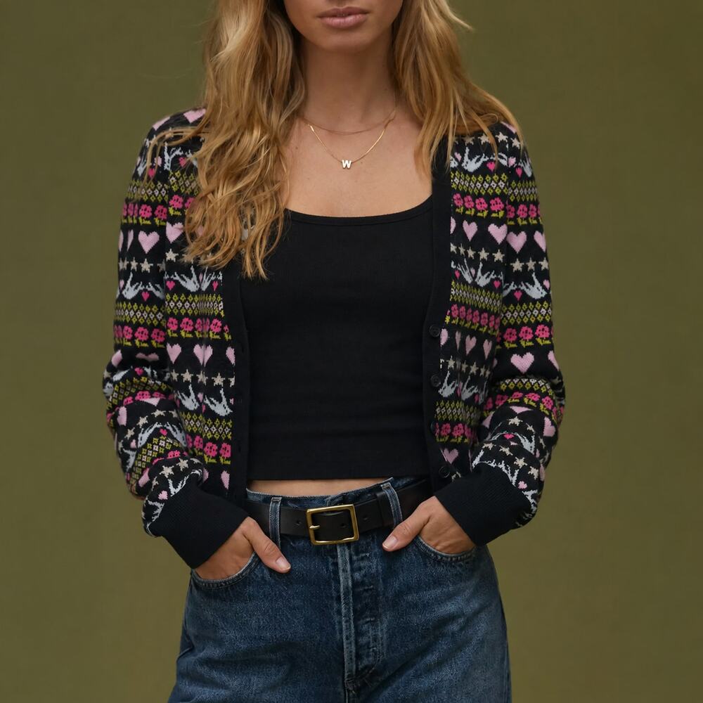 Maeve Anthropologie Fair Isle Heart Bird Floral Cardigan Black Pink XS
